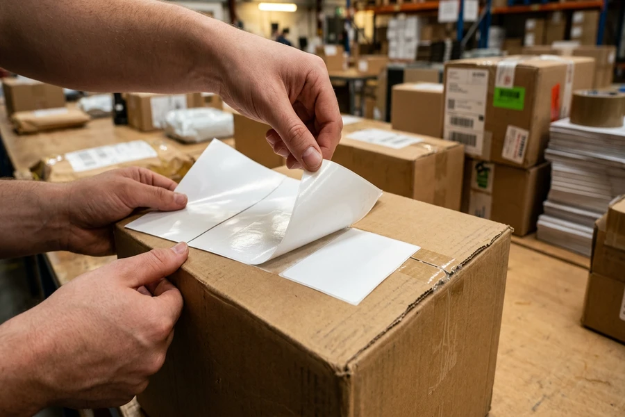 Thao tác bóc tem nhãn decal từ tờ giấy A4 và dán trực tiếp lên mặt thùng carton đóng gói