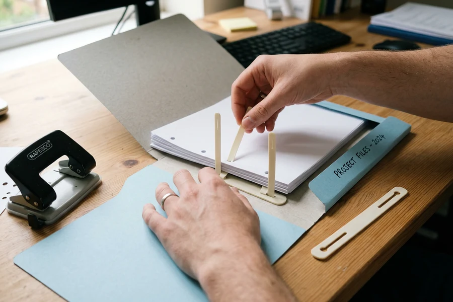 Thao tác xỏ tệp tài liệu A4 đã bấm lỗ vào thanh nẹp acco của bìa hồ sơ flat file
