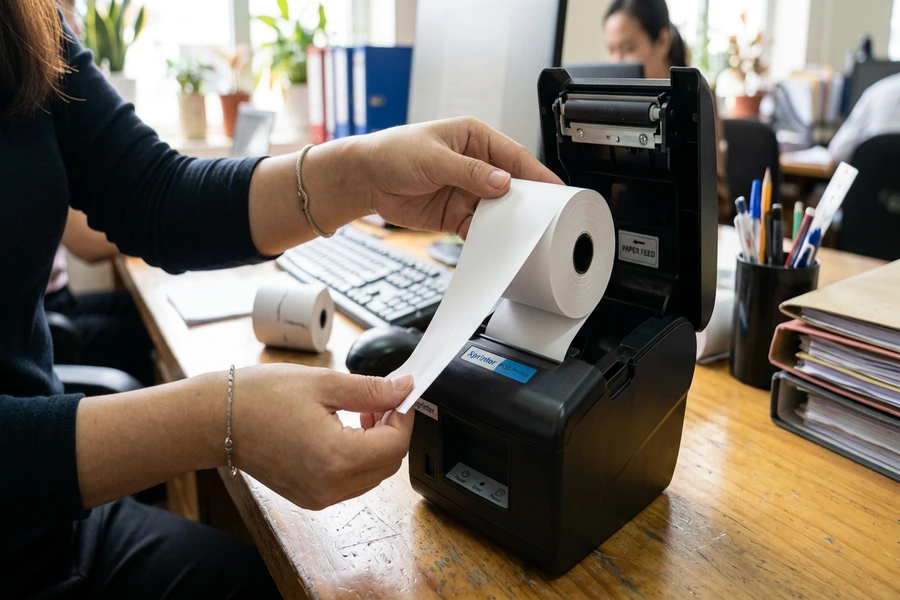 Thao tác mở nắp máy in và lắp cuộn giấy in nhiệt vào hộc chứa của máy in hóa đơn mini