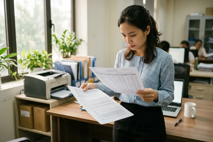 Nhân viên cầm bản in bảng tính vừa khít một trang A4, phía sau là máy tính và máy in