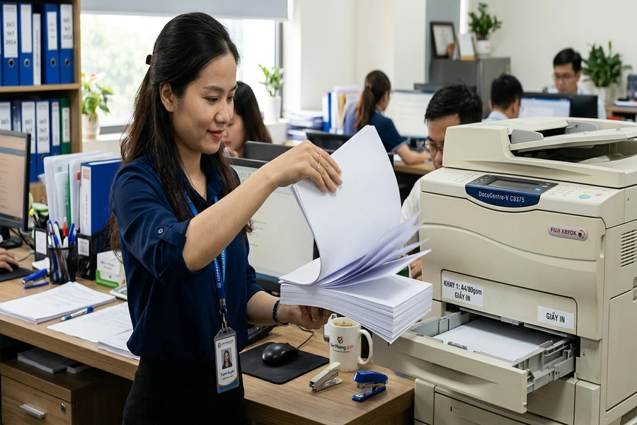 Thao tác uốn tơi và vỗ nhẹ xấp giấy in trước khi cho vào khay máy in