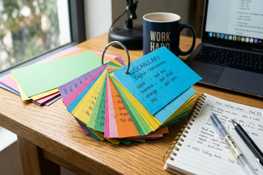 Bộ thẻ học flashcard nhiều màu sắc làm từ giấy bìa màu A4 xâu khoen inox tròn trên bàn học
