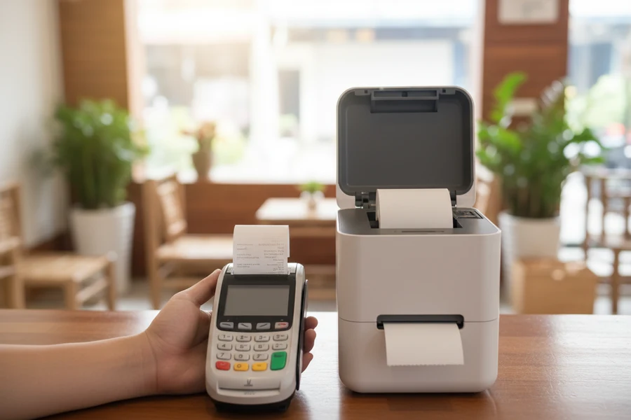 Máy quẹt thẻ cầm tay và máy in hóa đơn để bàn cùng cuộn giấy in nhiệt trên quầy