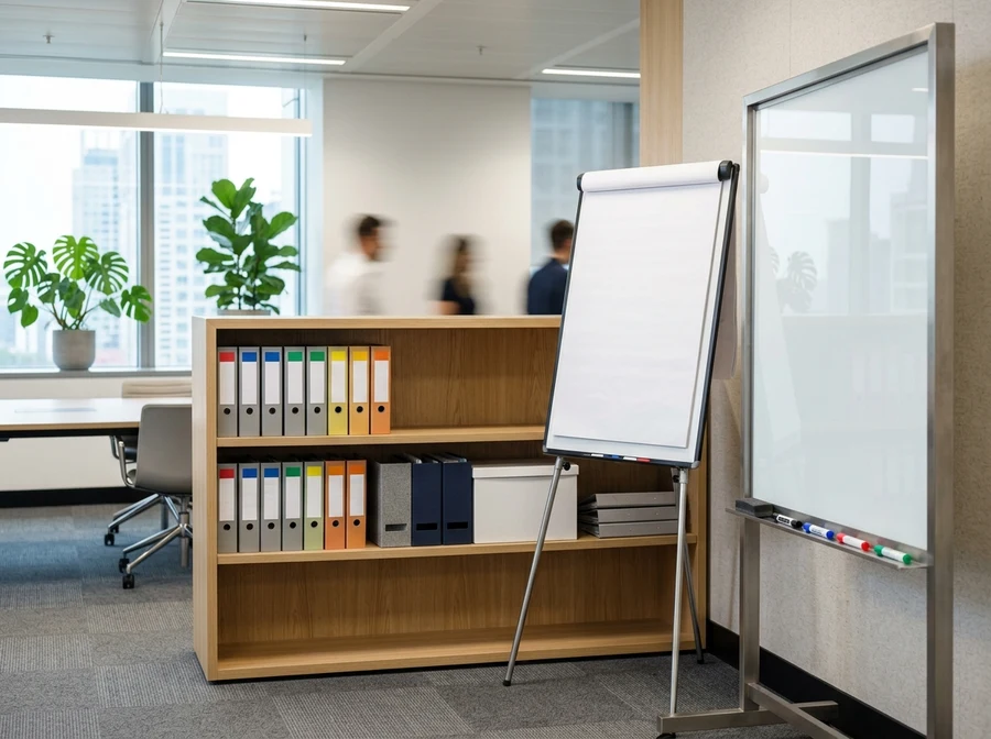 Khu vực lưu trữ hồ sơ và thuyết trình văn phòng với kệ để bìa còng, bảng flipchart và bảng viết