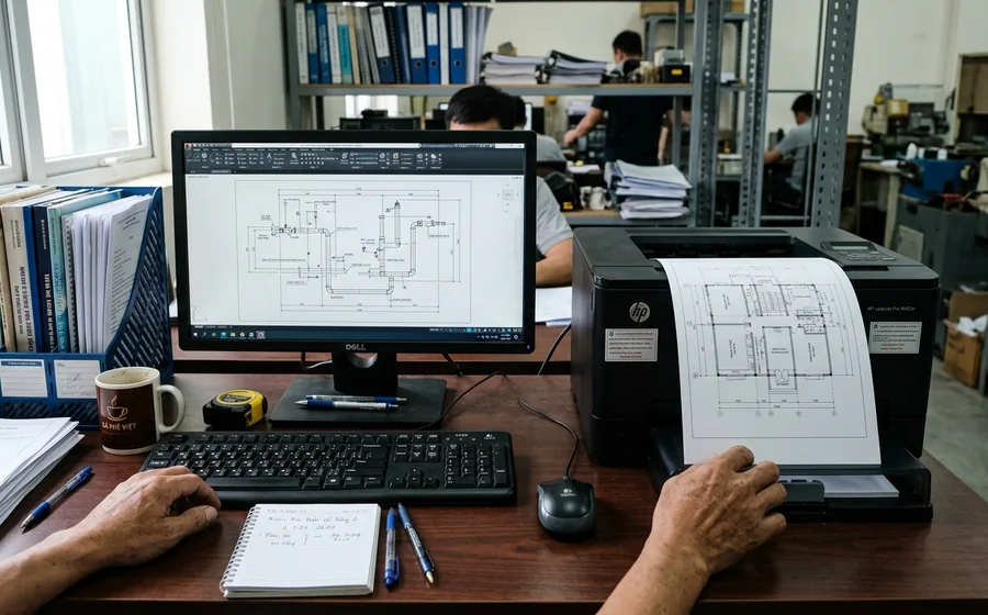 In bản vẽ từ máy tính ra máy in A4 trong văn phòng kỹ thuật
