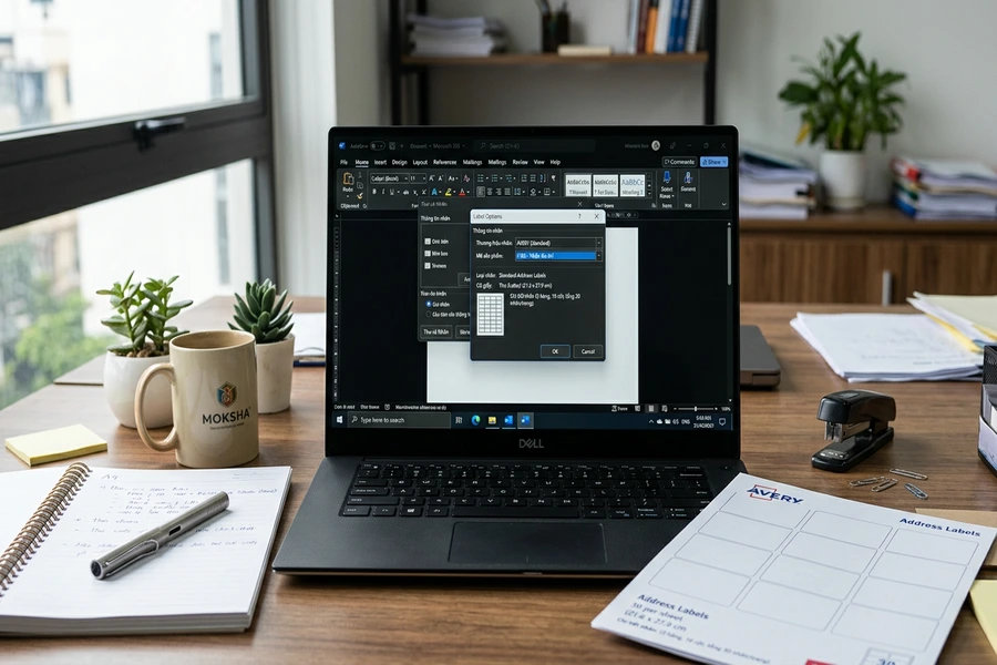 Giao diện thiết lập nhãn in Label Options trên phần mềm Microsoft Word