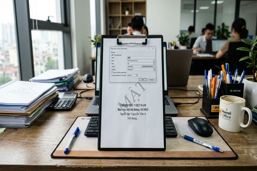 Hộp thoại Printed Watermark trong Word thiết lập chữ chìm và bản xem trước văn bản A4