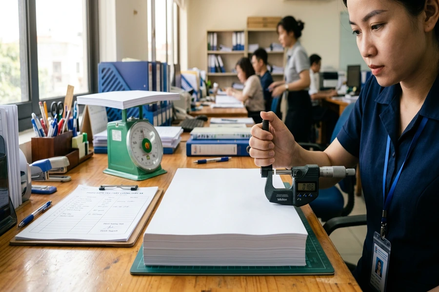 Kiểm tra thông số định lượng và độ dày của xấp giấy A4 trắng phẳng phiu bằng thiết bị cơ khí chính xác