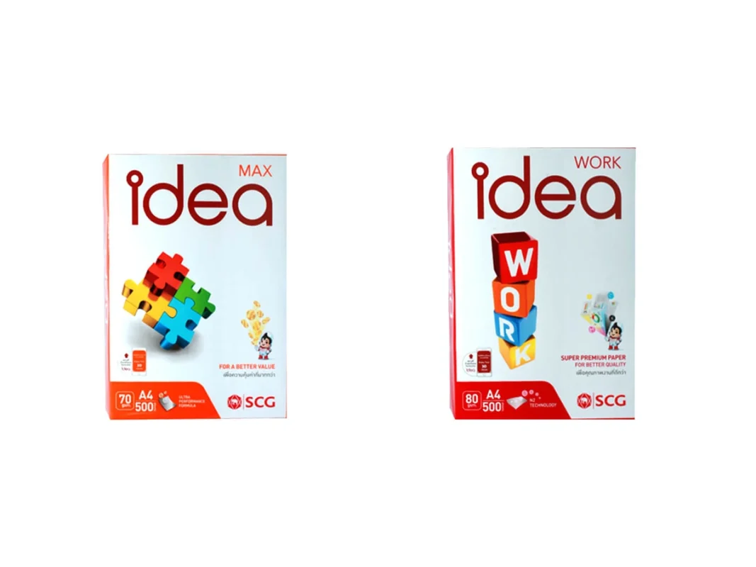 Hai ram giấy in văn phòng Idea Max 70gsm và Idea Work 80gsm khổ A4 chính hãng SCG Thái Lan đặt cạnh nhau