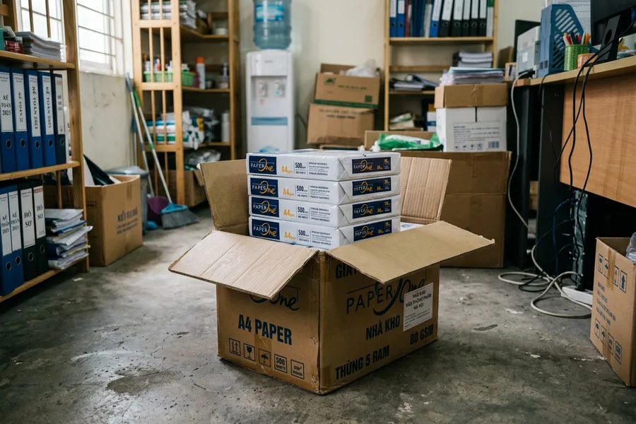 Thùng carton mở nắp chứa các ram giấy A4