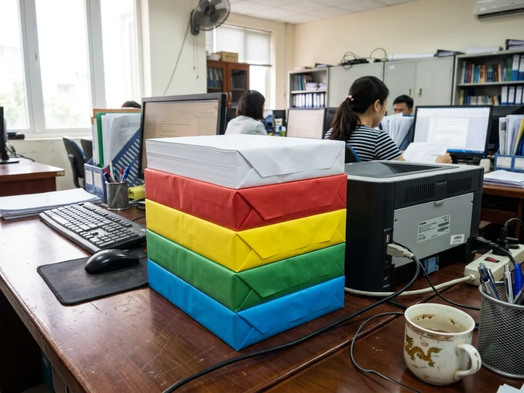 Nhiều ram giấy in A4 của các hãng khác nhau xếp trên bàn cạnh máy in văn phòng