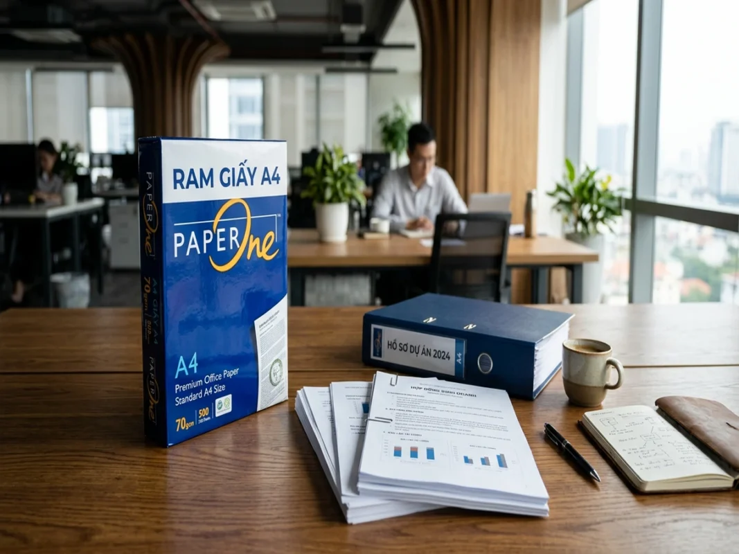 Các ram giấy in A4 chất lượng cao xếp ngay ngắn trên bàn làm việc cạnh tài liệu văn phòng phẳng phiu