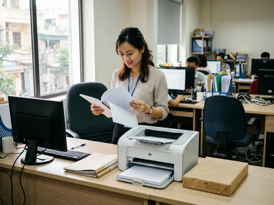 Nhân viên văn phòng kiểm tra bản in báo cáo trên nền bàn gỗ cạnh ram giấy in và máy in để bàn
