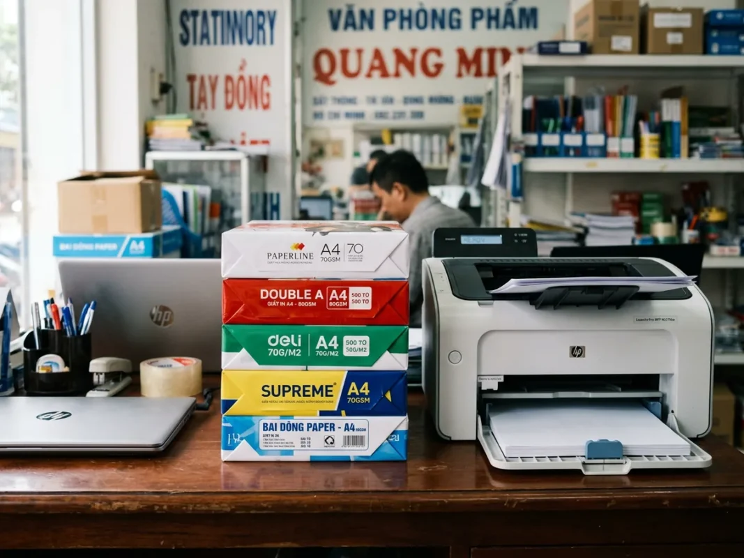 Nhiều ram giấy A4 xếp trên bàn làm việc cạnh máy in văn phòng