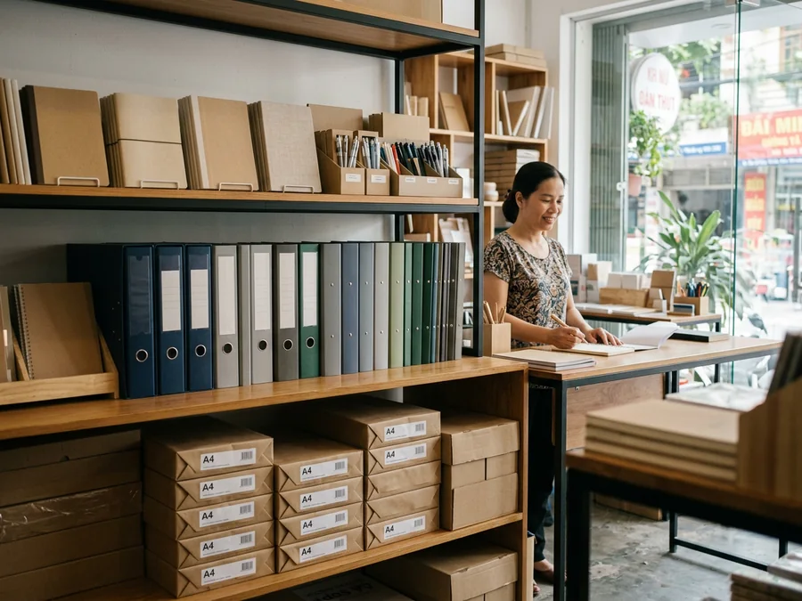Kệ văn phòng phẩm trong cửa hàng: sổ và bìa hồ sơ xếp ngang tầm mắt, thùng giấy A4 đặt ở tầng đáy sát sàn