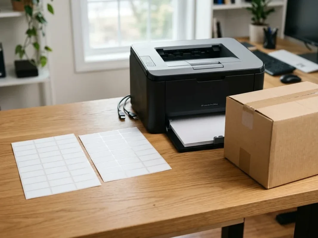 Hai tờ decal A4 bế sẵn nhiều ô tem cạnh máy in laser và hộp carton trên bàn làm việc