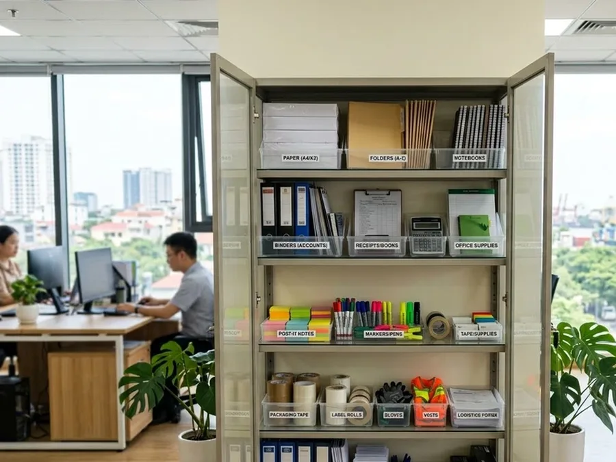 Tủ lưu trữ hồ sơ tài liệu văn phòng với các dãy bìa còng và hộp lưu trữ được đánh nhãn ngăn nắp