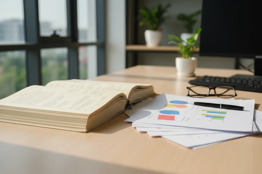 Tập giáo trình in trên giấy trắng ngà đặt cạnh bản thuyết trình có biểu đồ in trên giấy trắng sáng
