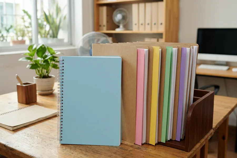 Báo cáo đóng gáy xoắn bìa màu xanh nhạt cạnh tập hồ sơ chia bằng giấy bìa nhiều màu