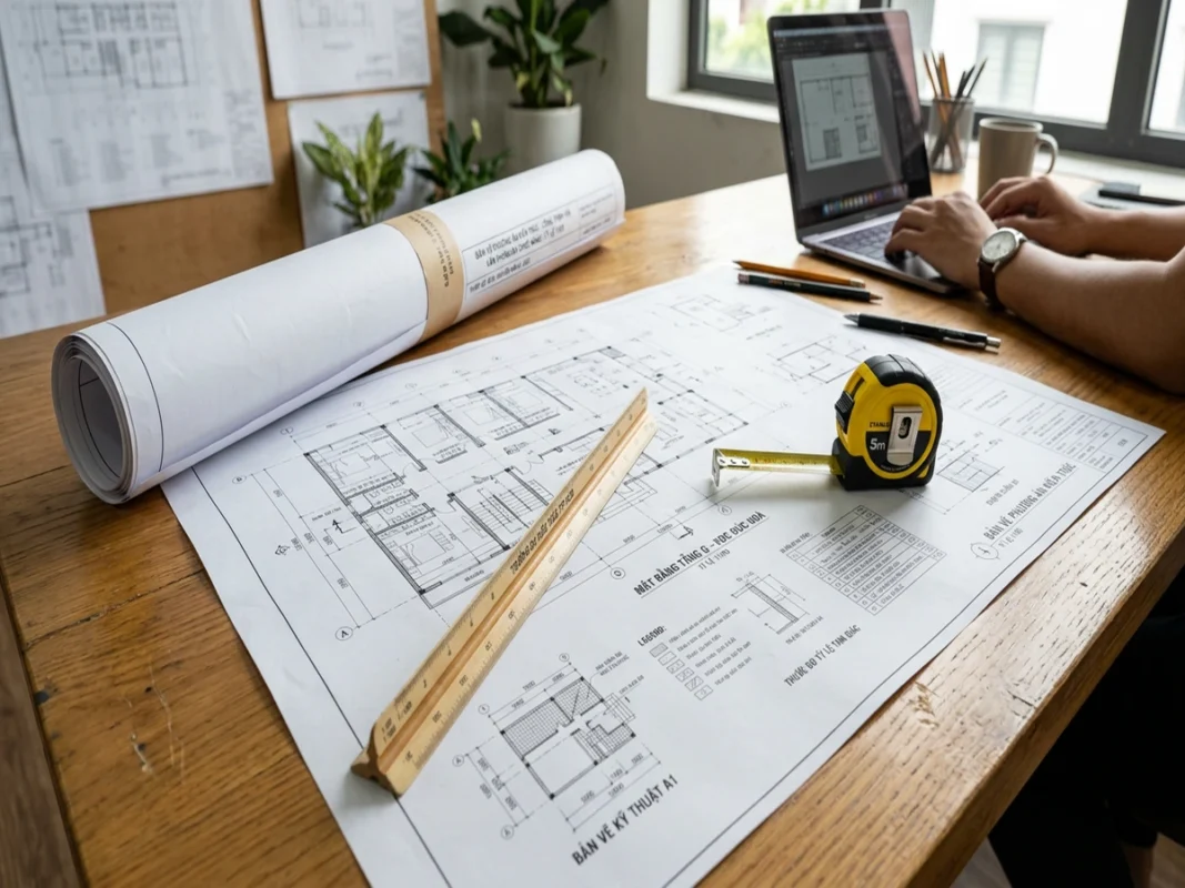 Bản vẽ CAD kỹ thuật khổ A1 và cuộn giấy in A0 đặt trên bàn làm việc cùng thước kẻ nhôm