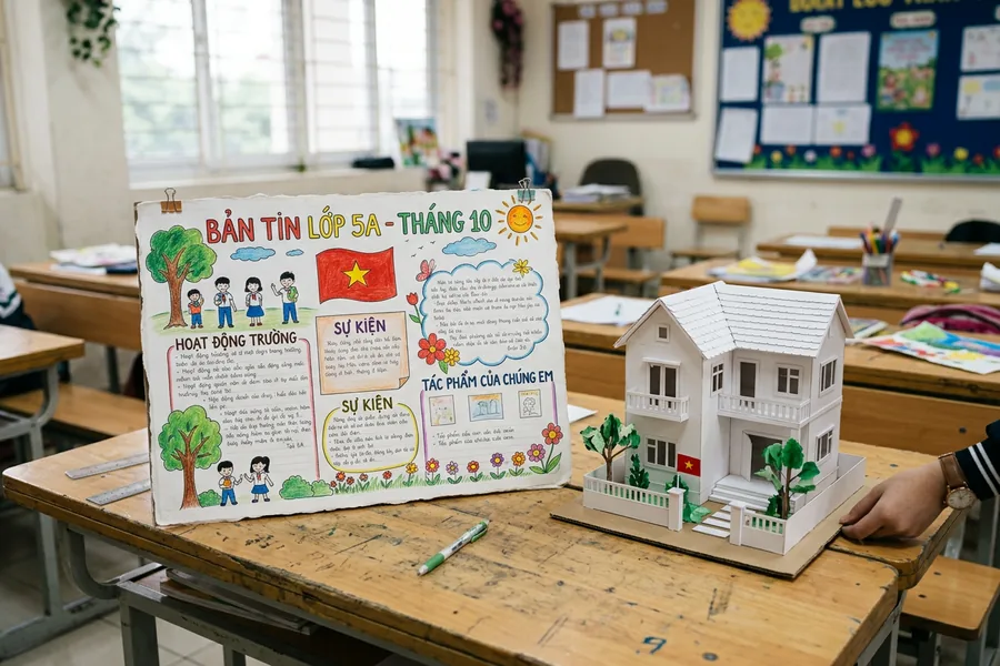 Báo tường vẽ tay và mô hình nhà dựng từ giấy bìa dày trên bàn lớp học