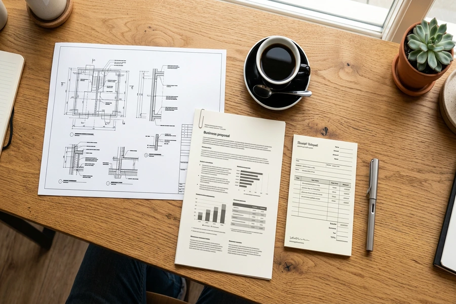 Tài liệu bản vẽ A3, tập hồ sơ hợp đồng A4 và sổ phiếu A5 đặt trên bàn làm việc