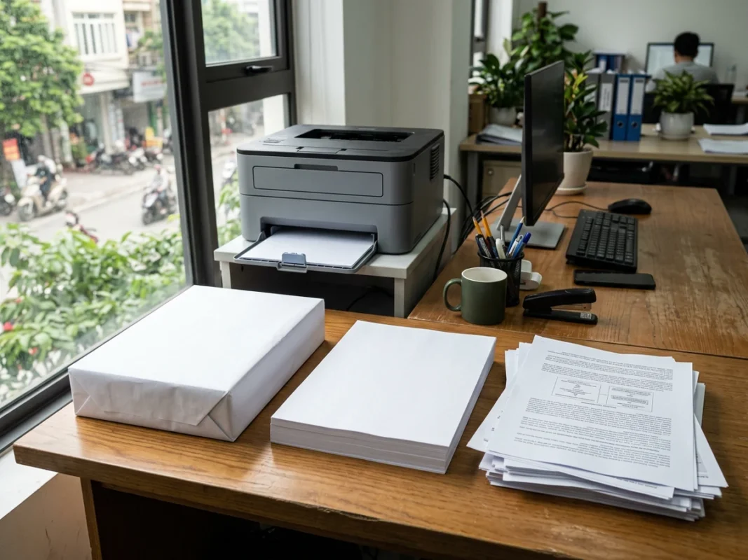 Hai ram giấy in A4 70gsm và 80gsm cùng tài liệu in hai mặt bên cạnh máy in văn phòng