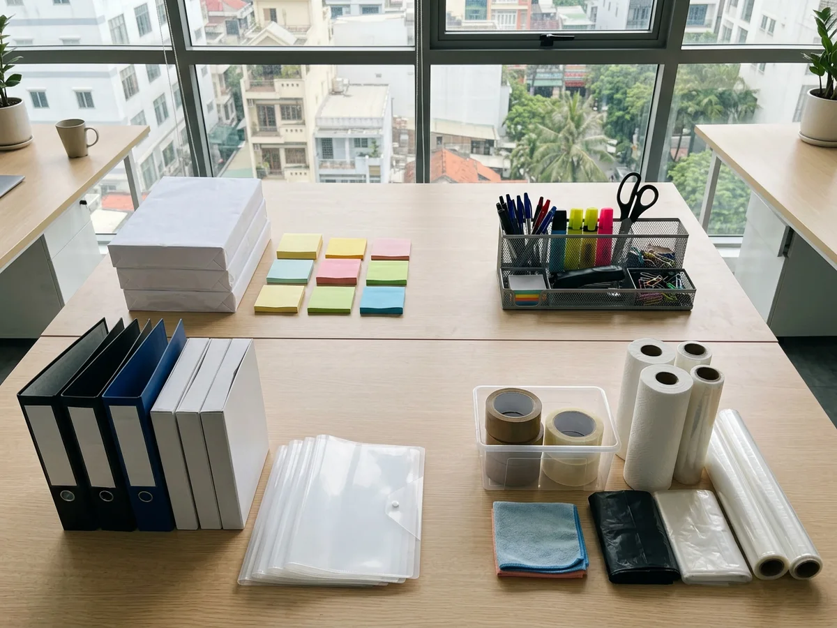 Bàn làm việc bày đủ 4 nhóm văn phòng phẩm doanh nghiệp: giấy in và giấy note, bìa còng và bìa hồ sơ, bút và dụng cụ để bàn, băng keo và vật tư vệ sinh