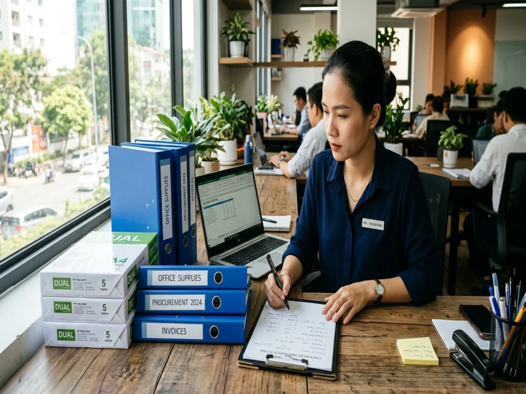 Nhân viên đối chiếu danh mục văn phòng phẩm và bảng so sánh chi phí thực tế trên bàn làm việc