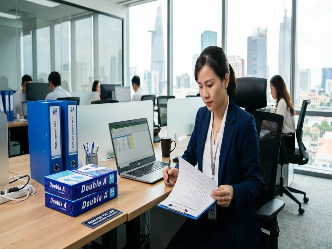 Chuyên viên hành chính đối chiếu danh mục vật tư văn phòng phẩm và hồ sơ tài liệu tại bàn làm việc