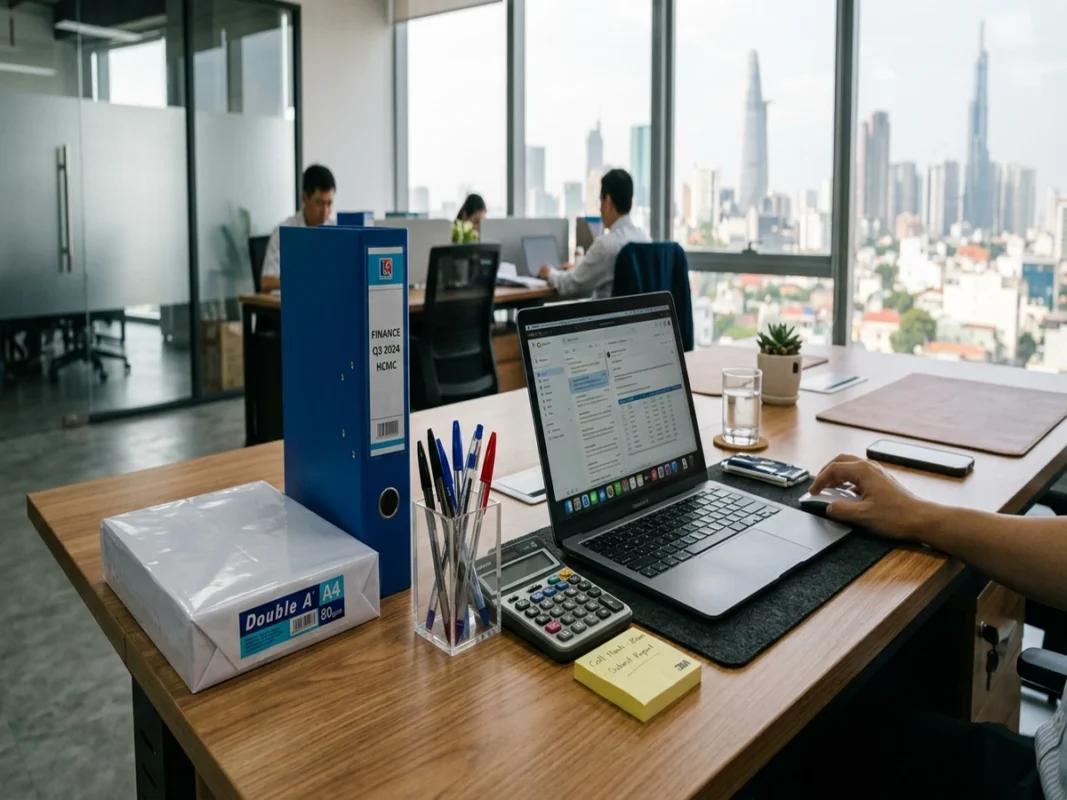 Bàn làm việc văn phòng sắp xếp các nhóm văn phòng phẩm thiết yếu gồm giấy in, bút viết, bìa còng hồ sơ và máy tính
