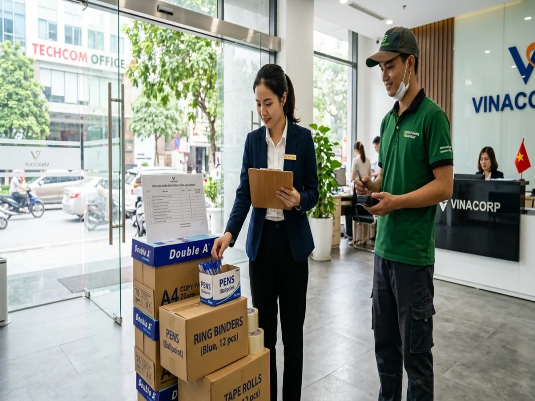Nhân viên văn phòng kiểm tra thùng giấy in và danh mục văn phòng phẩm giao tận nơi trước khi ký nhận