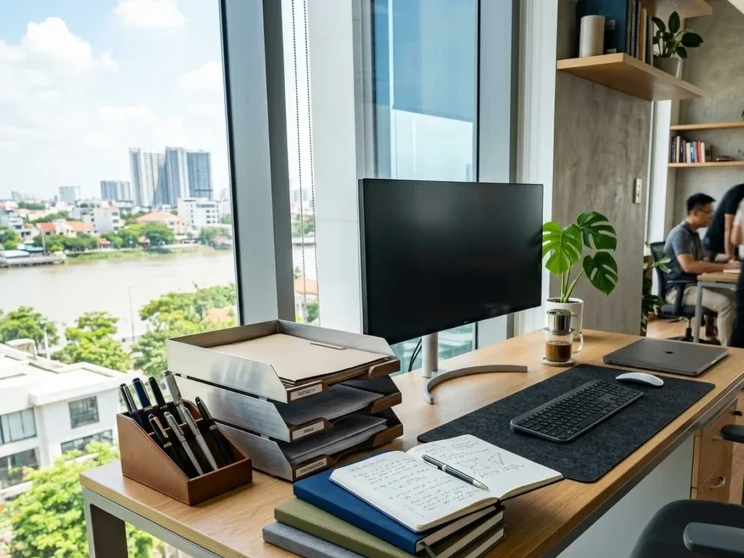 Bàn làm việc văn phòng ngăn nắp với đầy đủ các vật dụng văn phòng cần thiết như sổ tay, bút viết và khay tài liệu