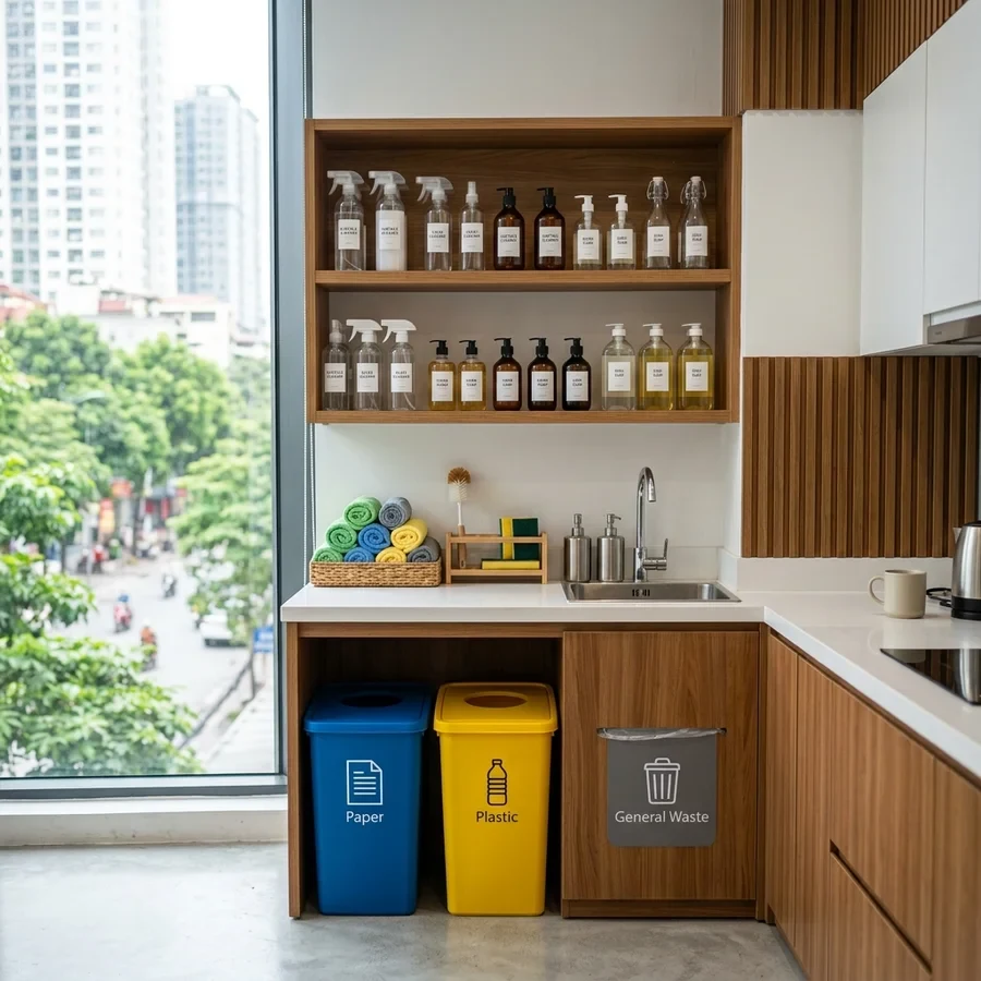 Bộ dụng cụ và hóa chất tẩy rửa vệ sinh chuyên dụng cho văn phòng làm việc