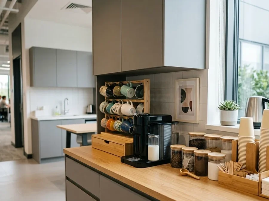 Quầy pantry văn phòng gọn gàng với máy pha cà phê, lọ đựng, cốc giấy và hộp khăn giấy