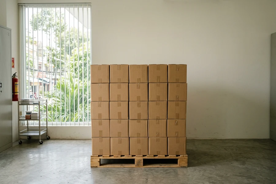 Thùng giấy carton A4 xếp ngay ngắn trên kệ pallet, cách sàn nhà và tường