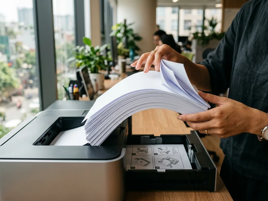 Uốn cong và làm tơi xấp giấy A4 bằng hai tay ngay trên khay nạp đang mở của máy in