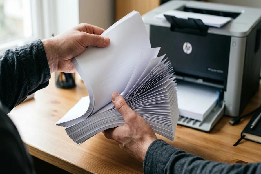 Thao tác hai tay xòe quạt xấp giấy in A4 để tách các tờ giấy bị dính trước khi nạp vào máy in