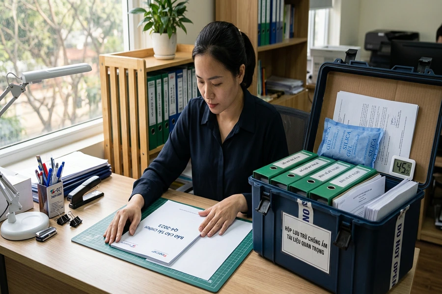 Kiểm tra độ phẳng của giấy A4 và bảo quản hồ sơ tài liệu trong hộp lưu trữ chống ẩm