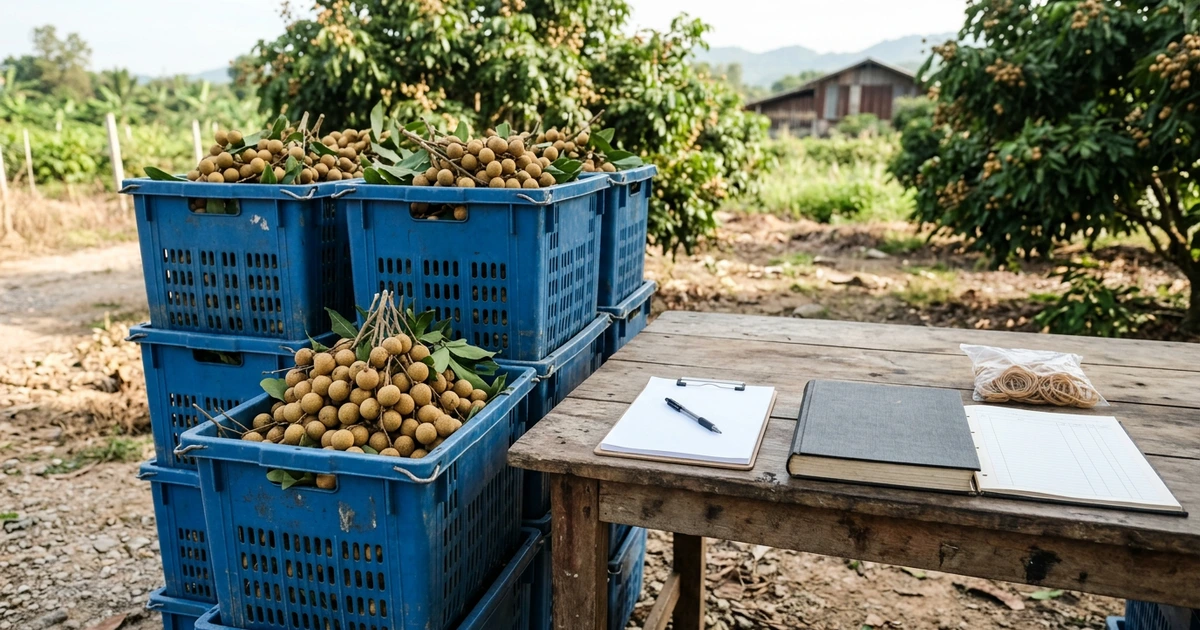 Chồng sóng nhựa xanh đáy hở đựng nhãn tươi trên nền đất vườn, cạnh bàn gỗ có tập biên nhận kẹp bút, sổ bìa cứng mở và túi dây thun
