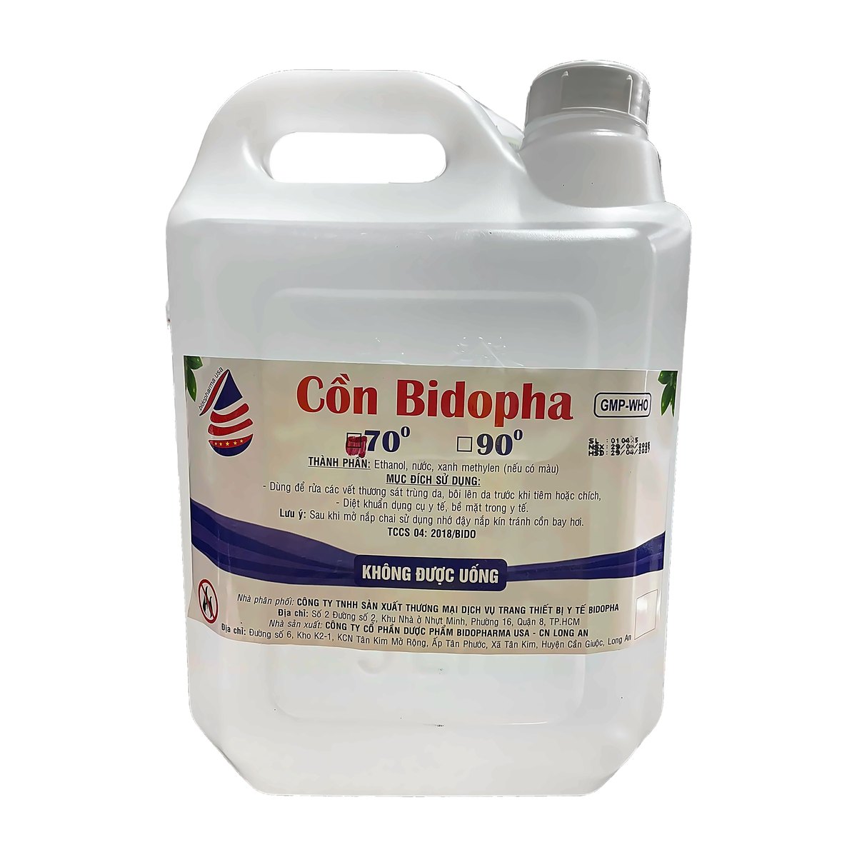 Can cồn Bidopha 70 độ 5 lít, nhãn ghi thành phần ethanol, nước, tiêu chuẩn TCCS 04:2018/BIDO, GMP-WHO