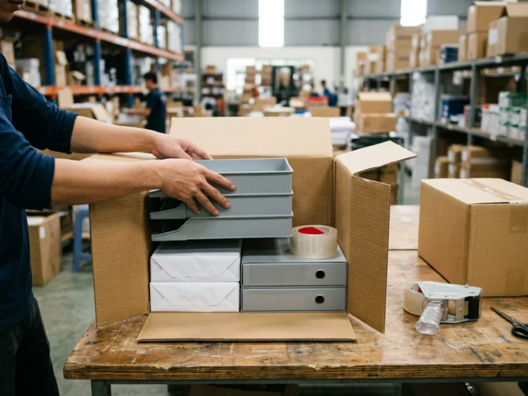 Nhân viên Phúc Thịnh đóng thùng carton chứa khay hồ sơ nhiều tầng, hộp bìa xám, ram giấy trắng và cuộn băng keo để gửi chành xe đi Bắc Giang