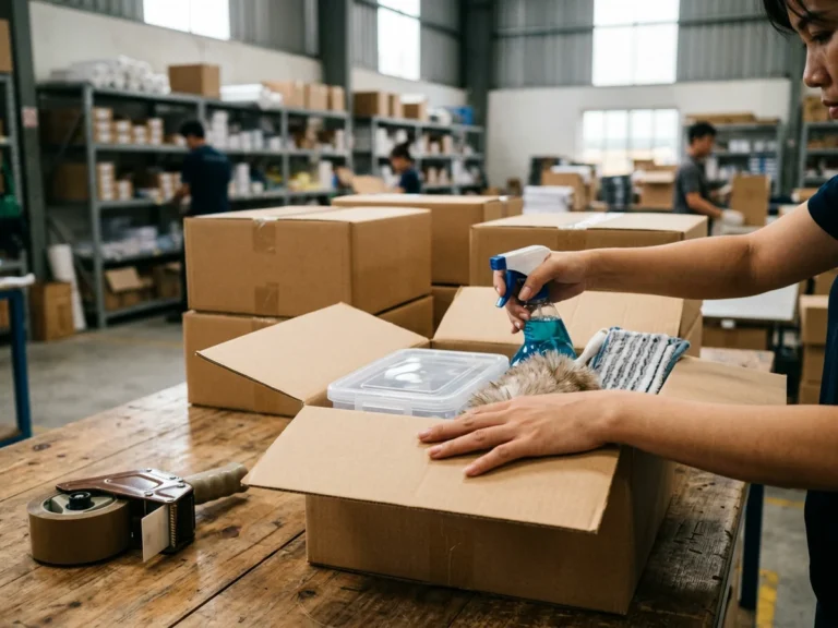Nhân viên Phúc Thịnh đóng thùng carton chứa chai xịt nước lau kính, thùng nhựa trong có nắp, chổi phủi bụi và miếng lau sàn để gửi chành xe đi Bắc Ninh
