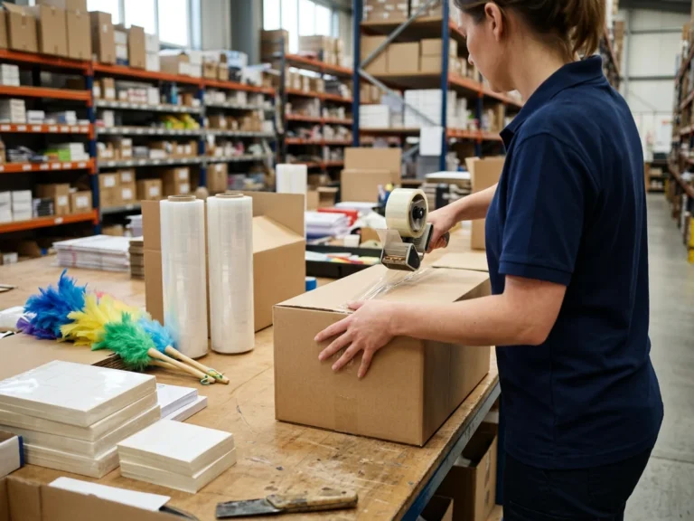 Nhân viên Phúc Thịnh đóng thùng carton chứa decal mã vạch, màng PE và chổi quét để gửi chành xe đi Bình Định