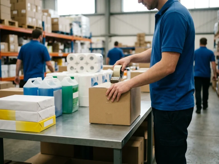 Nhân viên Phúc Thịnh đóng thùng carton chứa giấy in, nước lau sàn và giấy vệ sinh để gửi chành xe đi Đắk Lắk