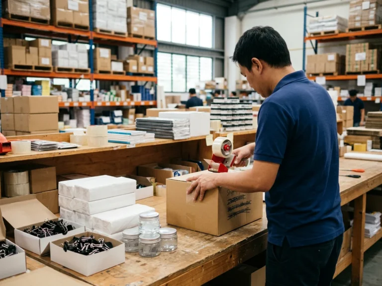 Nhân viên Phúc Thịnh đóng thùng carton chứa khăn giấy, sáp thơm và kẹp bướm để gửi chành xe đi Hà Nội