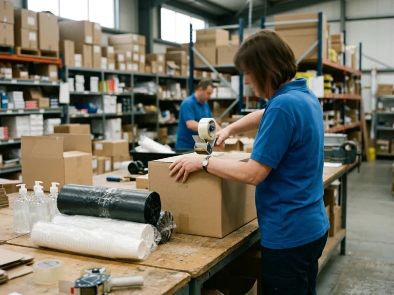 Nhân viên Phúc Thịnh đóng thùng carton chứa nước rửa tay, túi rác và ly giấy để gửi chành xe đi Hà Tĩnh