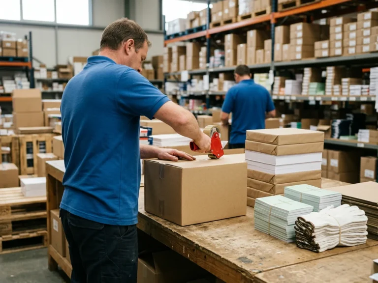 Nhân viên Phúc Thịnh đóng thùng carton chứa giấy in, phiếu xuất kho và găng tay len để gửi chành xe đi Hải Dương