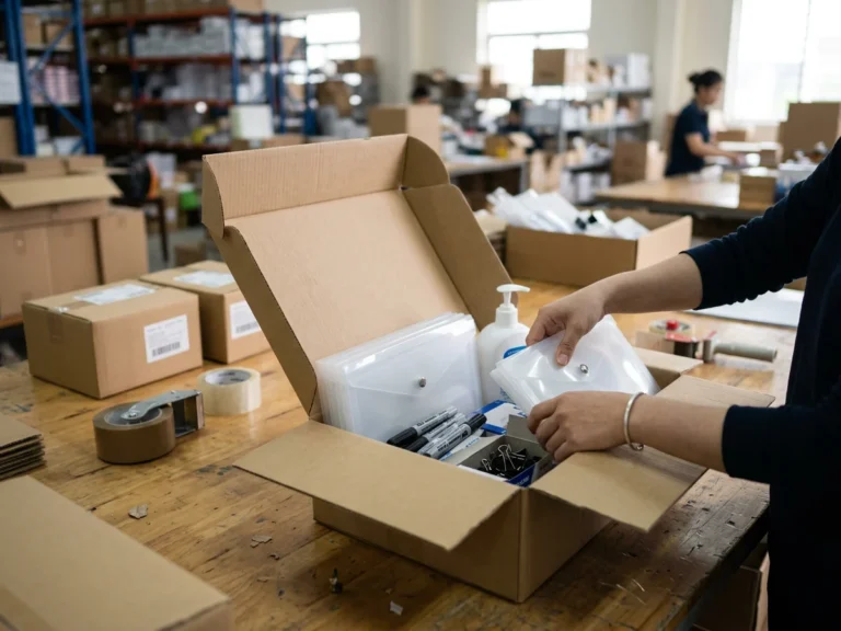Nhân viên Phúc Thịnh đóng thùng carton chứa bìa nút trong, bút lông dầu đen, kẹp bướm và chai nước rửa tay để gửi chành xe đi Hòa Bình