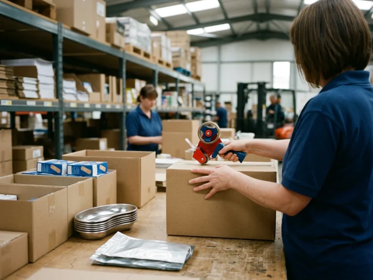 Nhân viên Phúc Thịnh đóng thùng carton chứa băng keo cá nhân, khay chia thuốc và túi zip bạc để gửi chành xe đi Huế